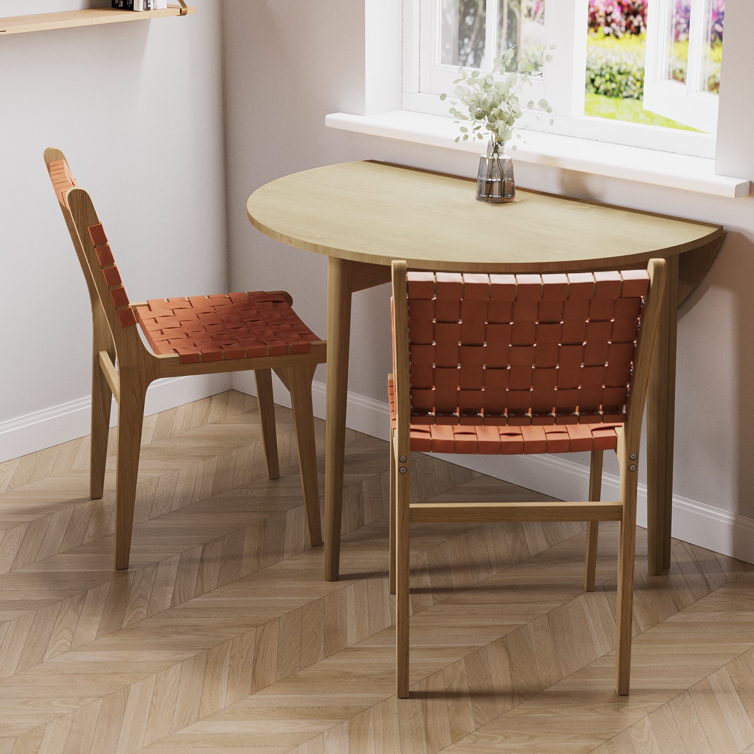 Photo of Round oak drop leaf dining table with 2 tan faux leather dining chairs - rudy