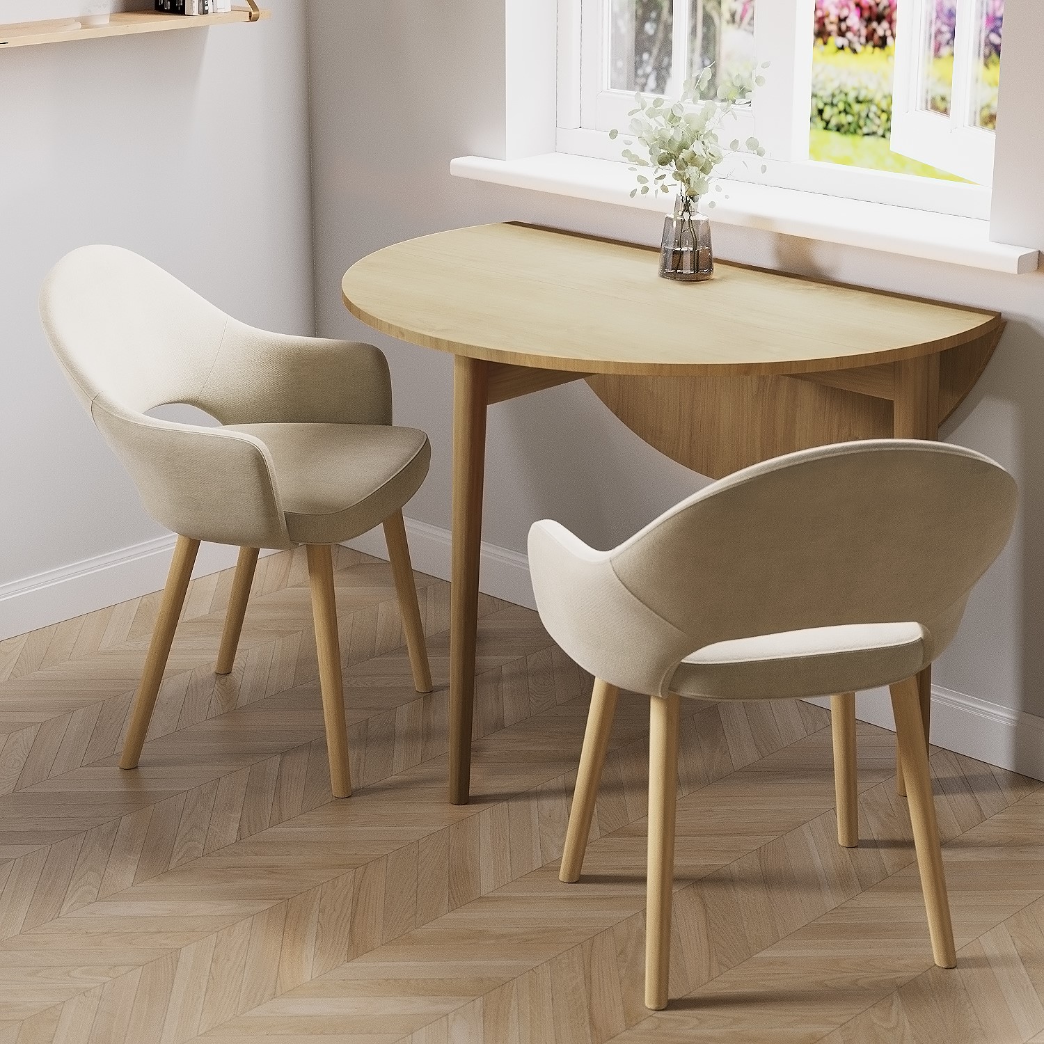 Photo of Round oak drop leaf dining table with 2 beige fabric dining chairs - rudy