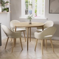 Oak Drop Leaf Dining Table Set with 4 Beige Upholstered Chairs - Seats 4 - Rudy
