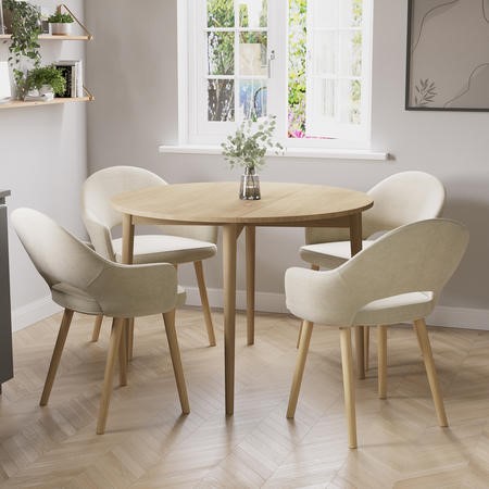 Round Oak Drop Leaf Dining Table with 4 Beige Fabric Dining Chairs ...