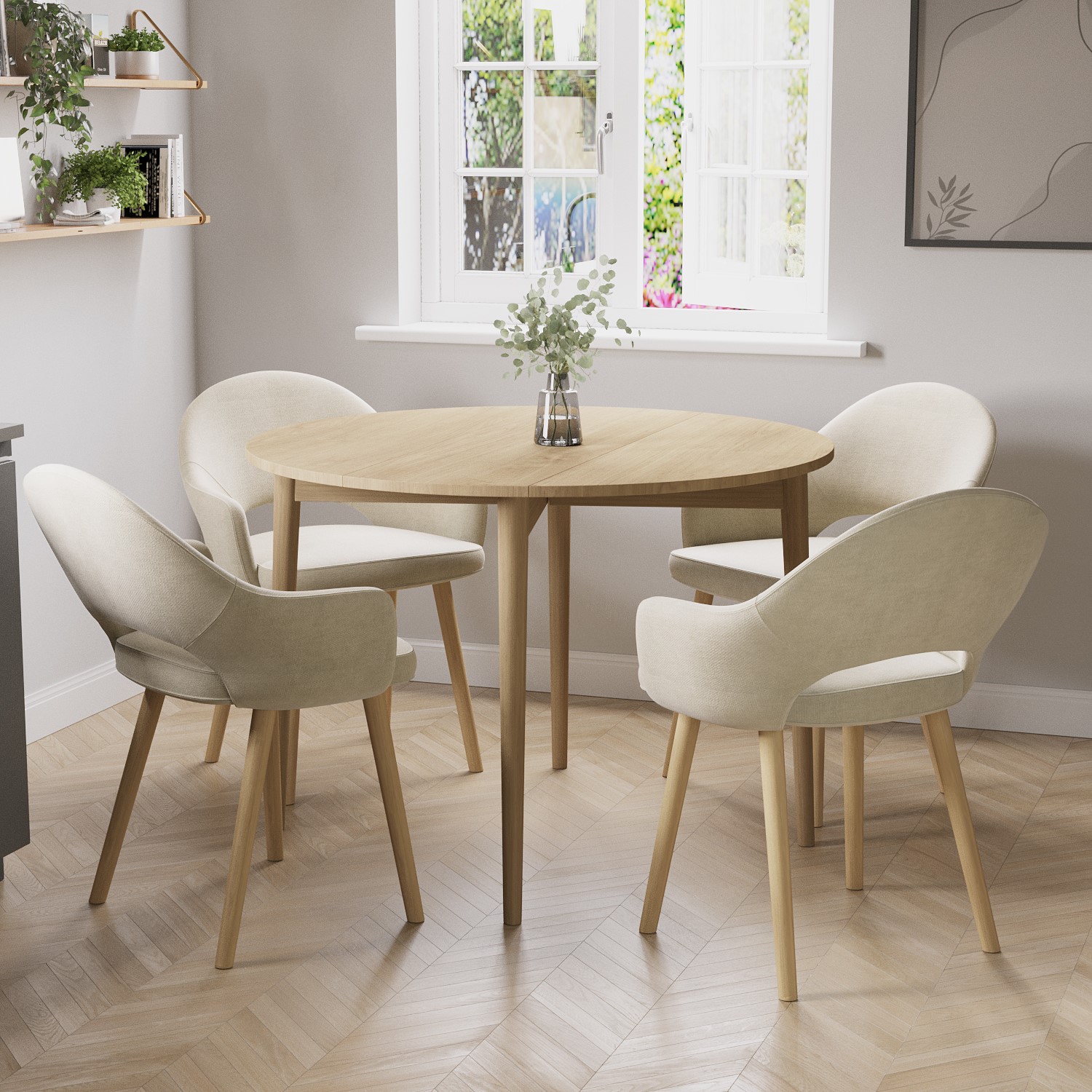 Small Oak Drop Leaf Dining Table Set with 4 Beige Upholstered Chairs ...