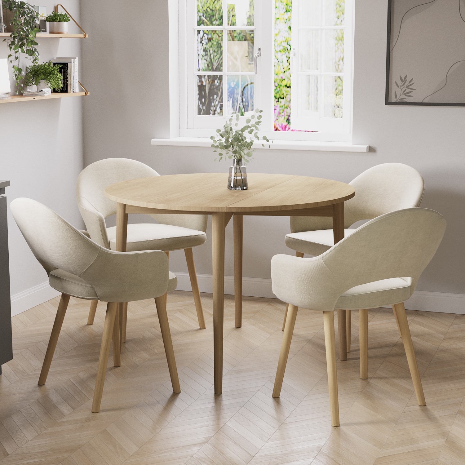 Photo of Round oak drop leaf dining table with 4 beige fabric dining chairs - rudy