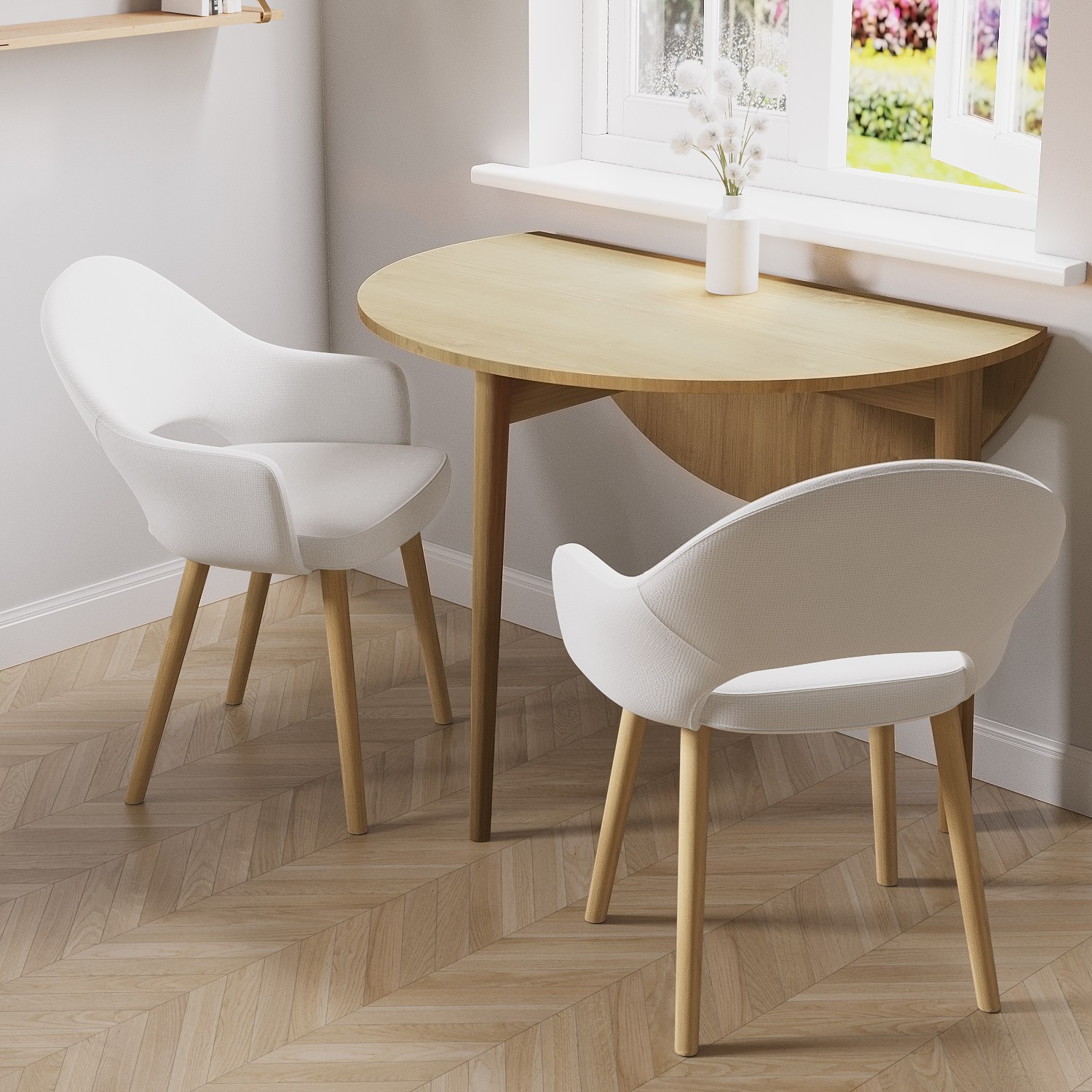 Photo of Round oak drop leaf dining table with 2 cream recycled fabric dining chairs - rudy