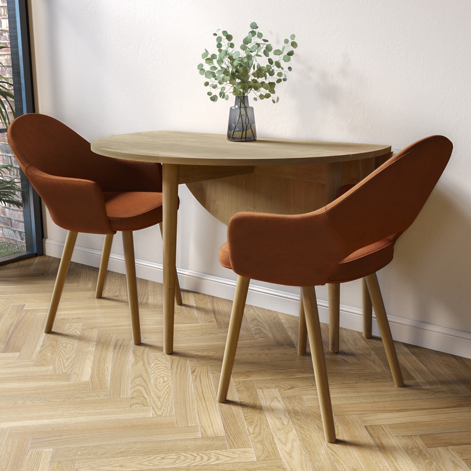 Small Oak Drop Leaf Dining Table Set with 2 Burnt Orange Upholstered ...