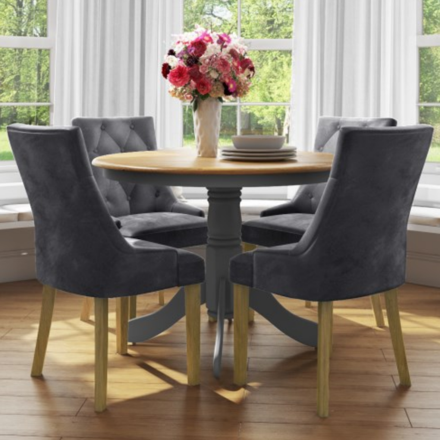 Small Round Dining Table with 4 Velvet Chairs in Grey with Oak Finish - Rhode Island & Kaylee