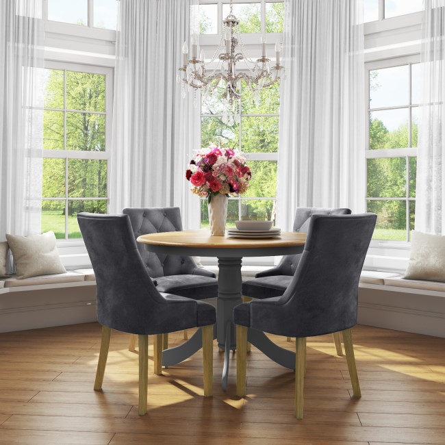 Small Round Dining Table with 4 Velvet Chairs in Grey with Oak Finish - Rhode Island & Kaylee