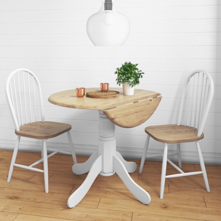 Small Round Drop Leaf Table with 2 Chairs in Wood & White - Rhode Island