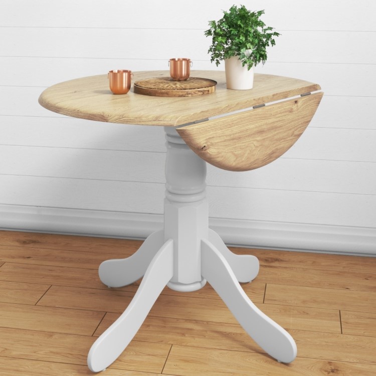 Small Round Drop Leaf Table with 2 Chairs in Wood & White - Rhode Island