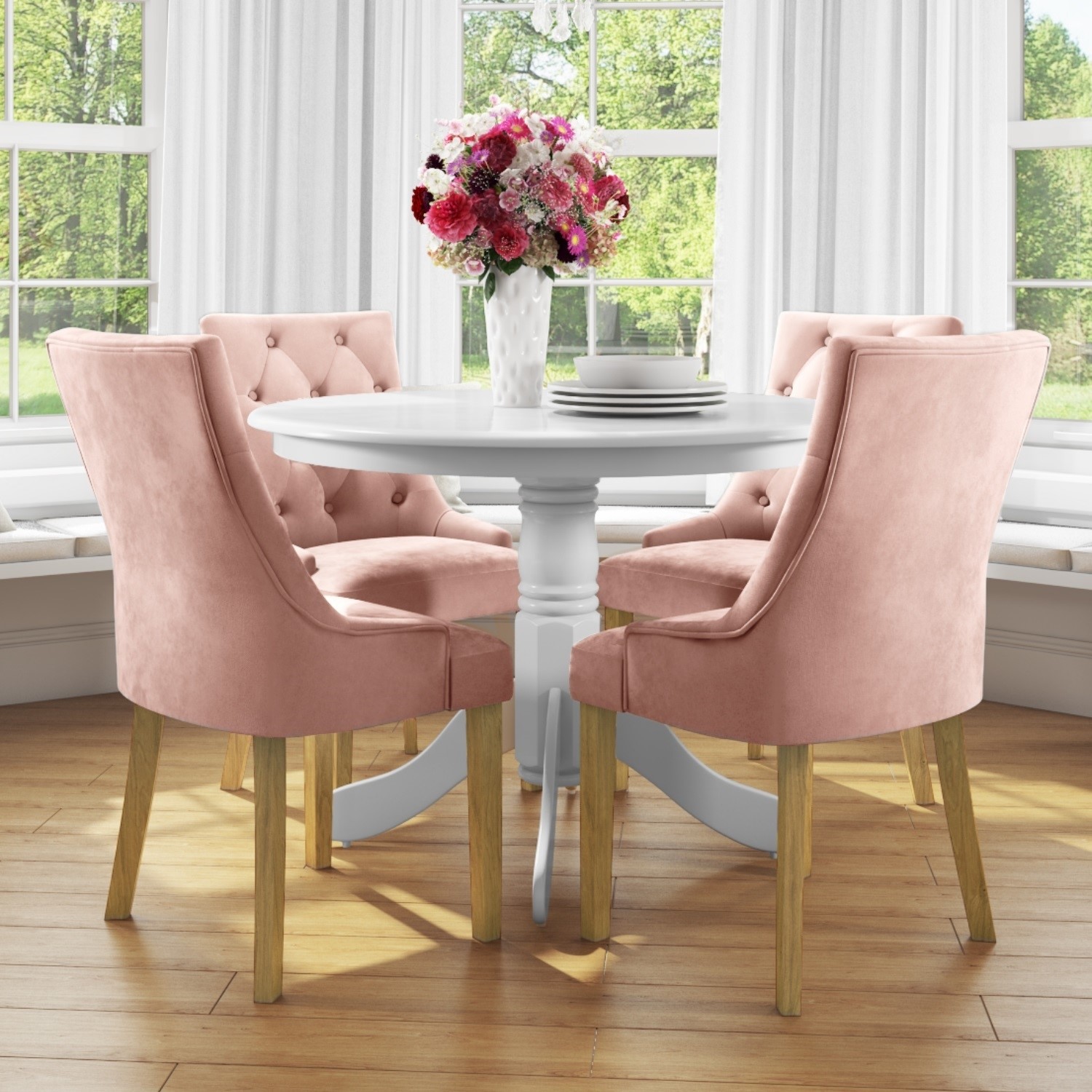 Small Round Dining Table In White With 4 Velvet Chairs In Pink