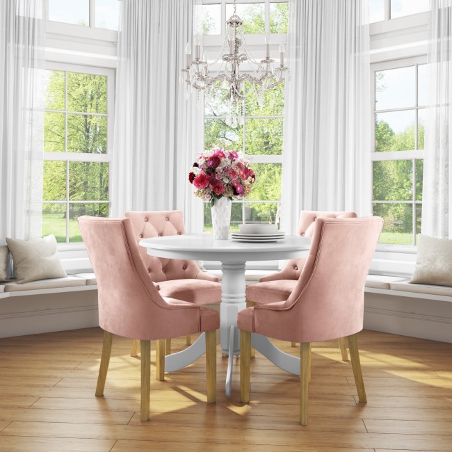 Small Round Dining Table in White with 4 Velvet Chairs in Pink - Rhode Island & Kaylee