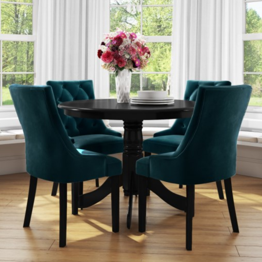 Small Round Dining Table in Black with 4 Velvet Chairs in Blue - Rhode Island & Kaylee