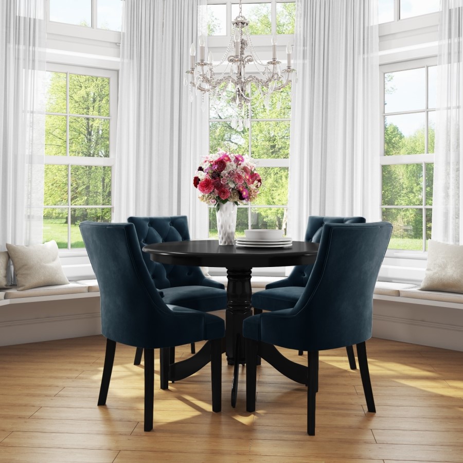 Small Round Dining Table in Black with 4 Velvet Chairs in Blue - Rhode Island & Kaylee