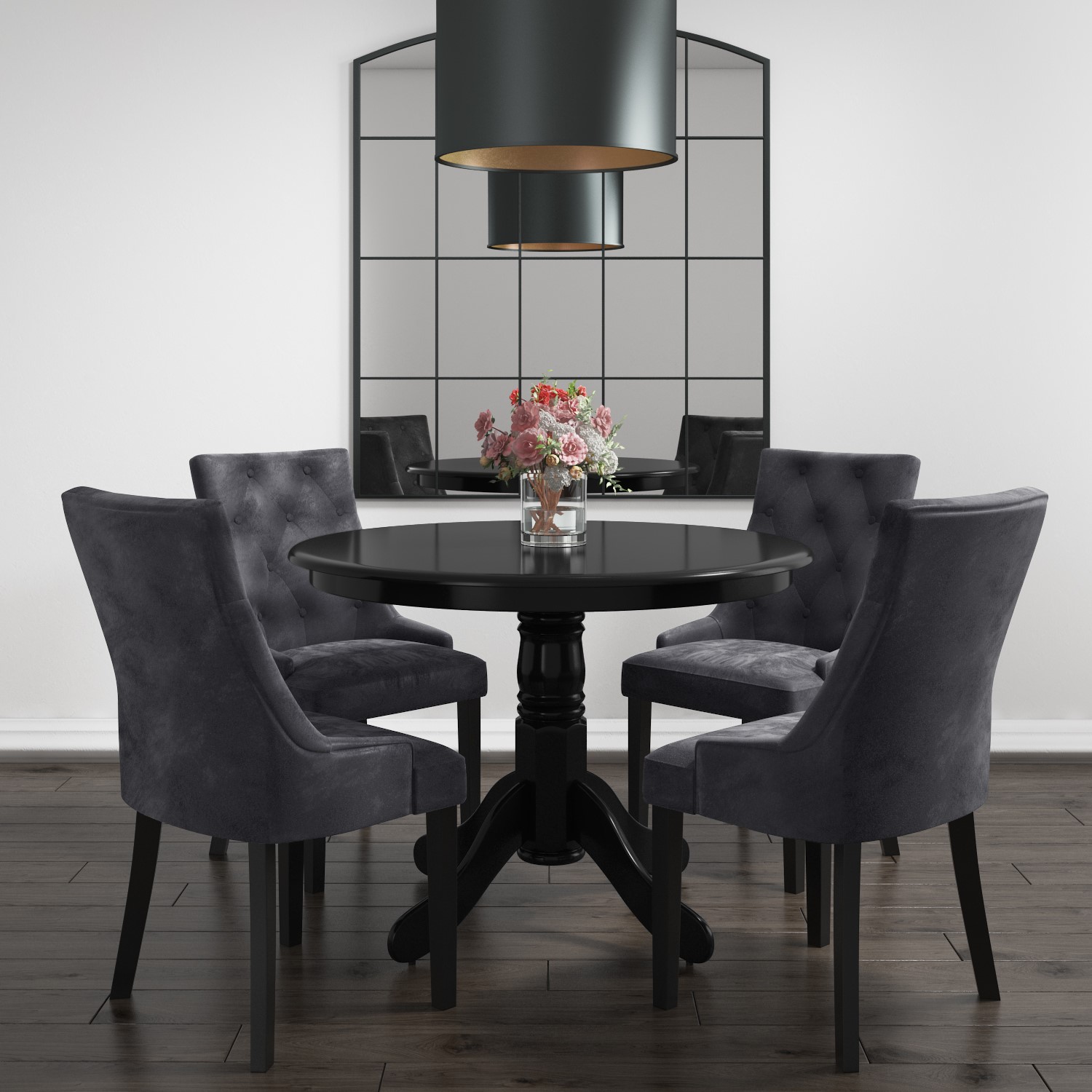 Small Round Dining Table In Black With 4 Velvet Chairs In Grey