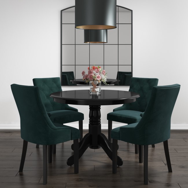 Small Round Dining Table in Black with 4 Velvet Chairs in Green- Rhode Island & Kaylee