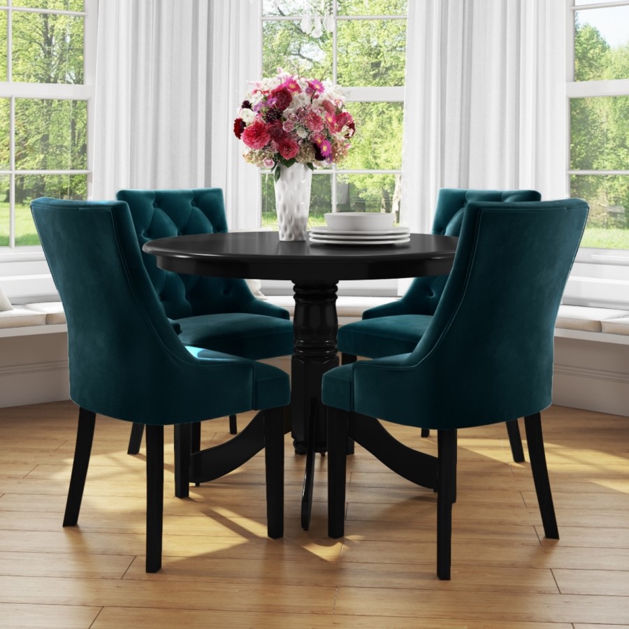 Small Round Dining Table in Black with 4 Teal Blue Velvet Chairs- Rhode Island & Kaylee