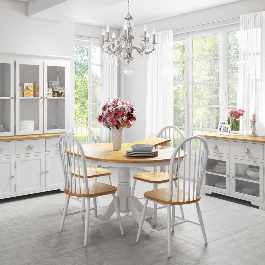 Round Extendable Dining Set with 4 Chairs in Oak & White - Rhode Island