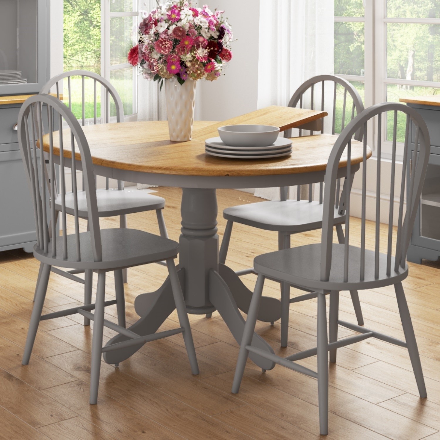 Round Extendable Dining Table Set With 4 Grey Wooden Dining Chairs Rhode Island Furniture123