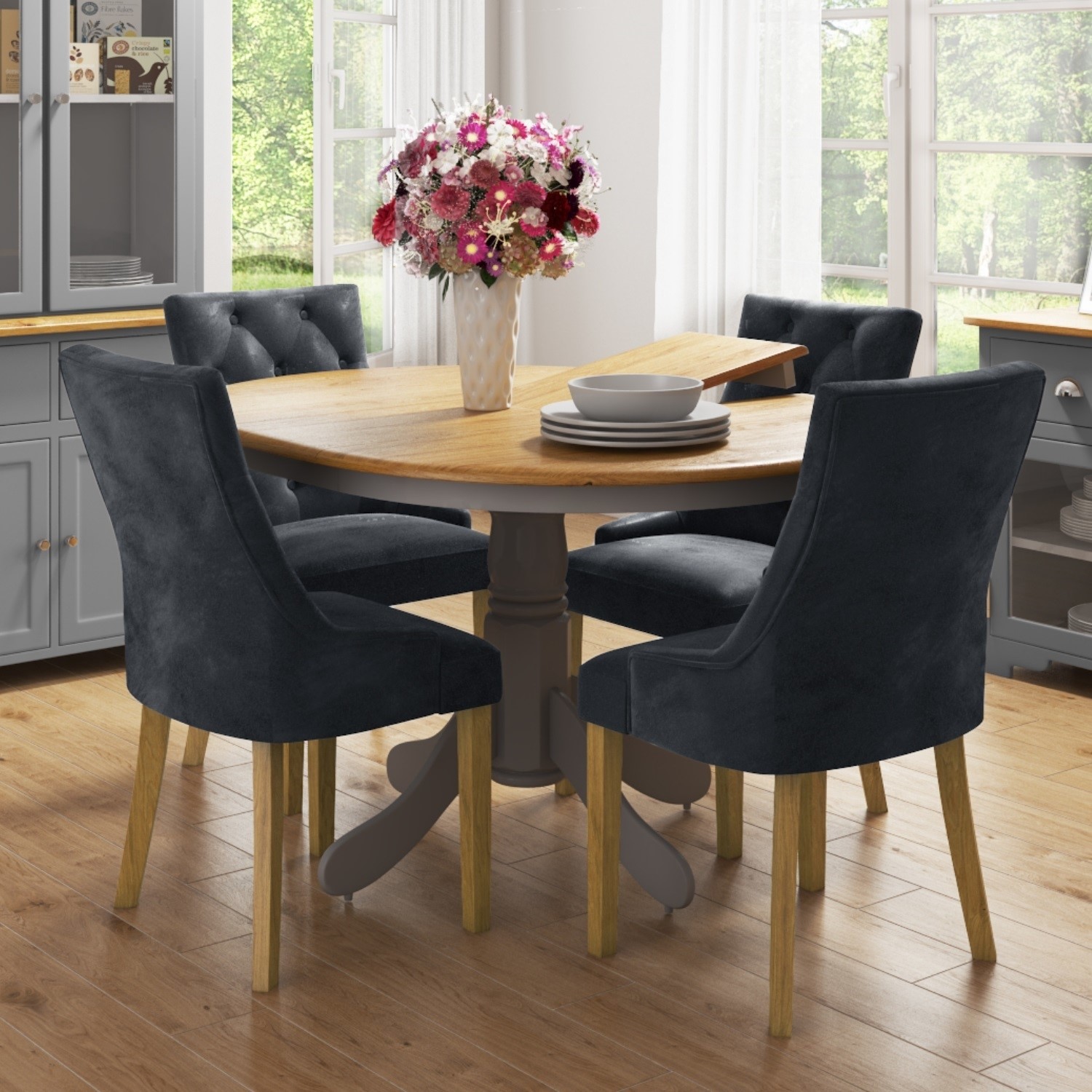 Round Extendable Dining Table With 4 Velvet Chairs In Grey Oak