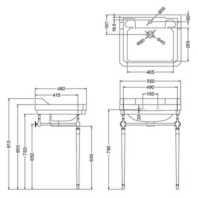 Traditional 1 Tap Hole Basin with Brass Wash Stand 570mm - Ripley