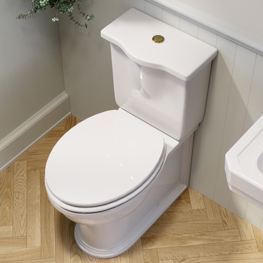 Close Coupled Rimless Toilet with Soft Close Seat and Brushed Brass Fittings - Ripley