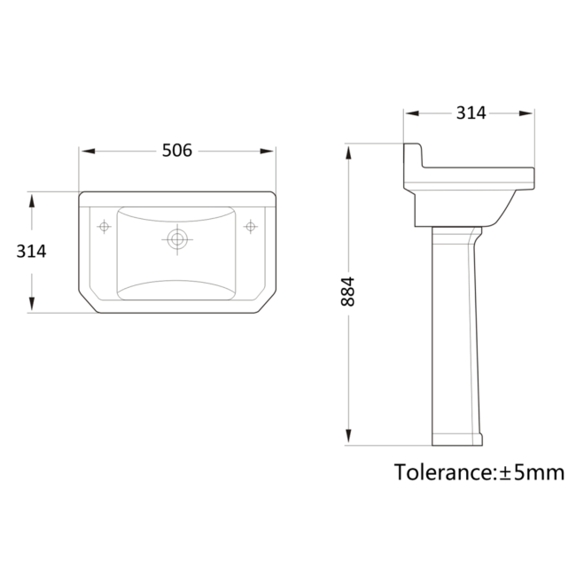 Traditional Cloakroom 2 Tap Hole Full Pedestal Basin 506mm - Ripley