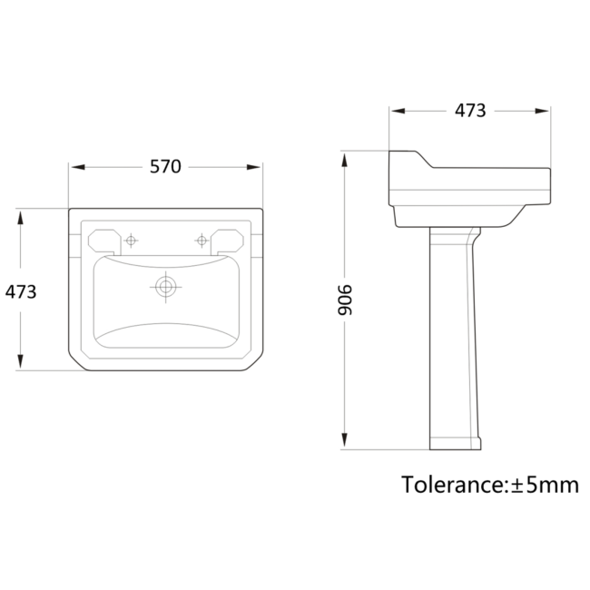 Traditional Full Pedestal 2 Tap Hole Basin 570mm - Ripley