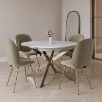 White Marble Effect Extendable Dining Table Set with 4 Mink Velvet Chairs - Seats 4 - Reine