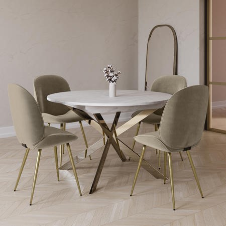 White Marble Effect Extendable Dining Table Set with 4 Mink Velvet ...