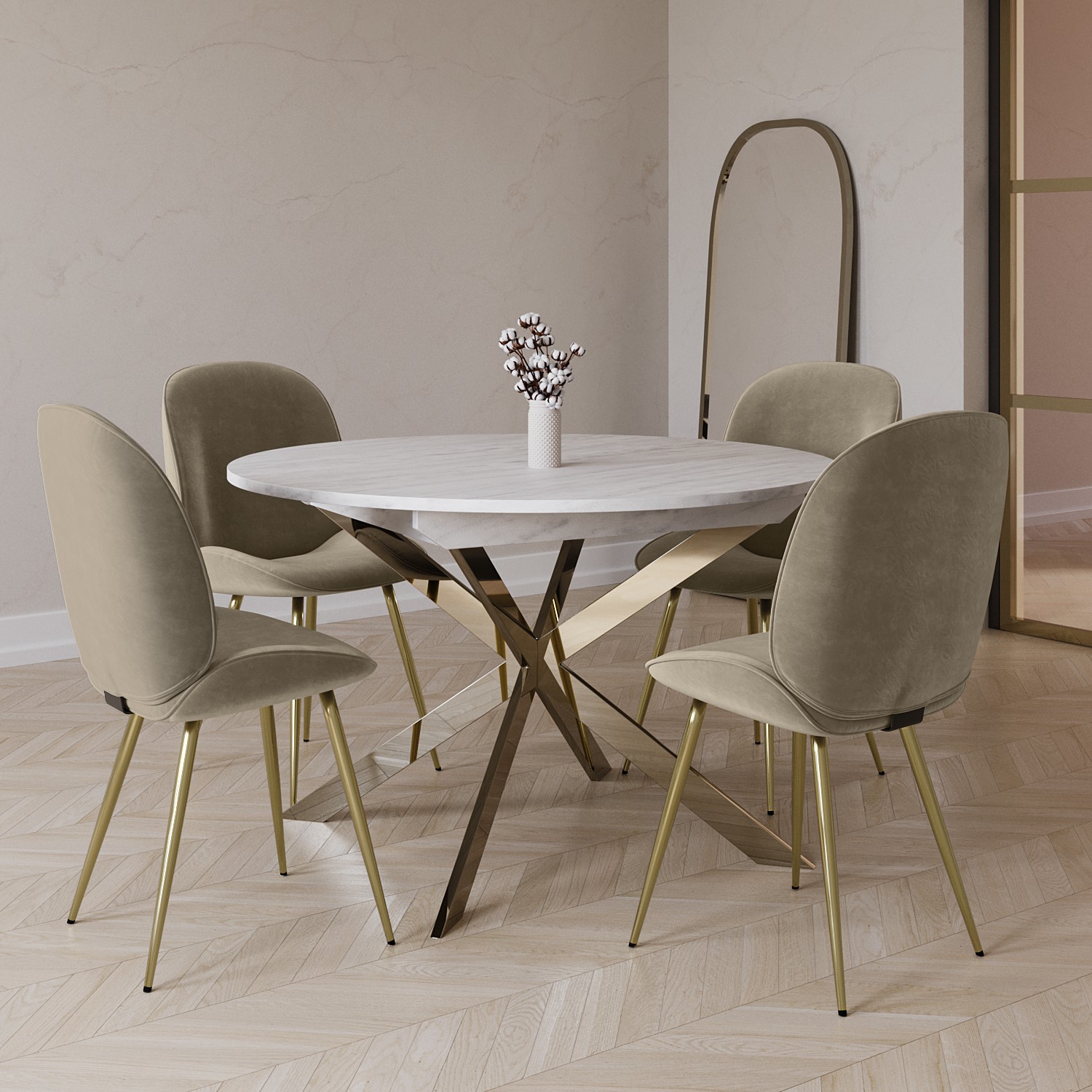 Photo of White marble effect round to oval extendable dining table with 4 mink velvet dining chairs - reine
