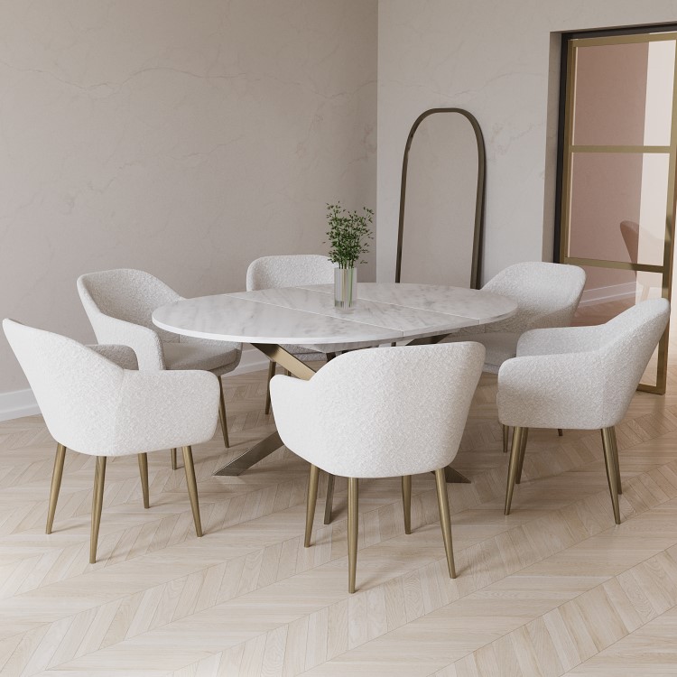 White Marble Effect Extendable Dining Table Set with 6 Cream Boucle Chairs - Seats 6 - Reine