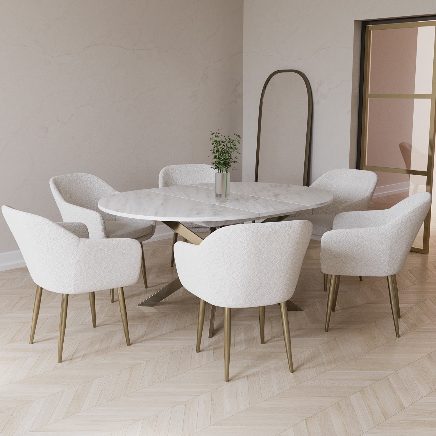 Photo of Round to oval white marble effect extendable dining table with 6 boucle dining chairs - reine
