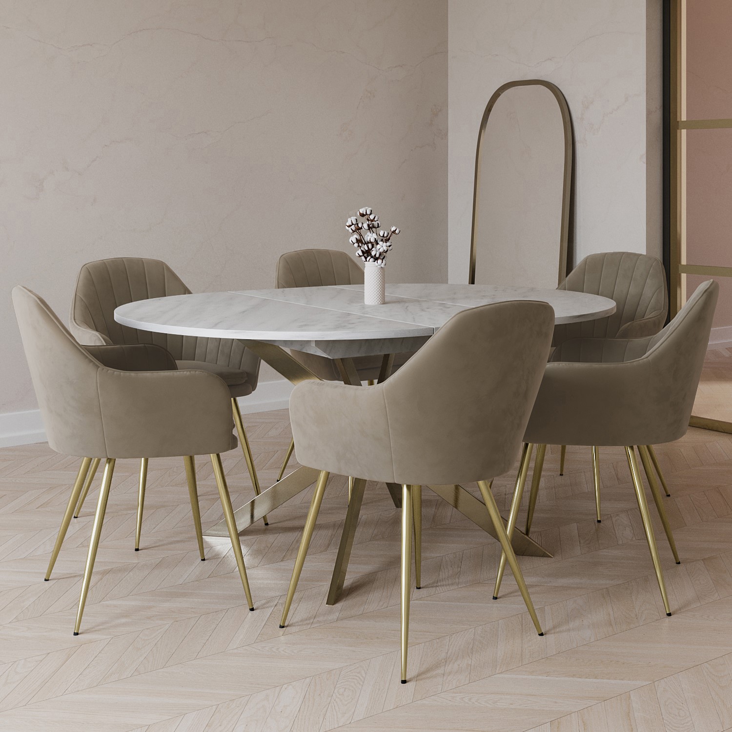 Photo of White marble effect round to oval extendable dining table with 6 mink matt velvet dining chairs - reine