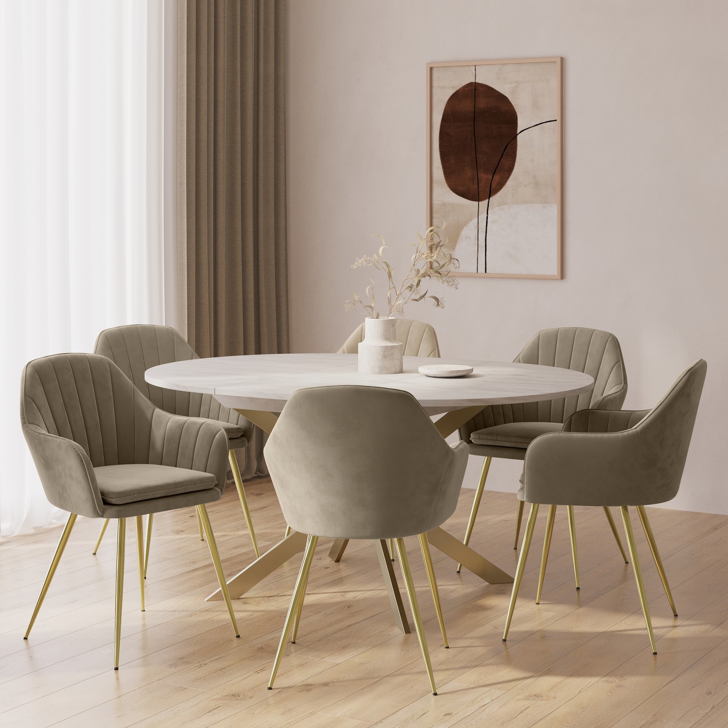 Large Round to Oval Marble Effect Extendable Dining Table Set 6 Mink Velvet Chairs Seats 6