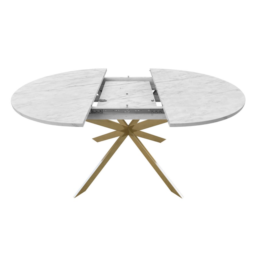 Large Round to Oval White Marble Effect Extendable Dining Table Set with 6 Mink Velvet Chairs - Seats 6 - Reine