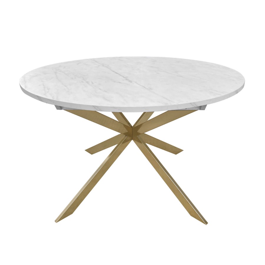 Large Round to Oval White Marble Effect Extendable Dining Table Set with 6 Mink Velvet Chairs - Seats 6 - Reine