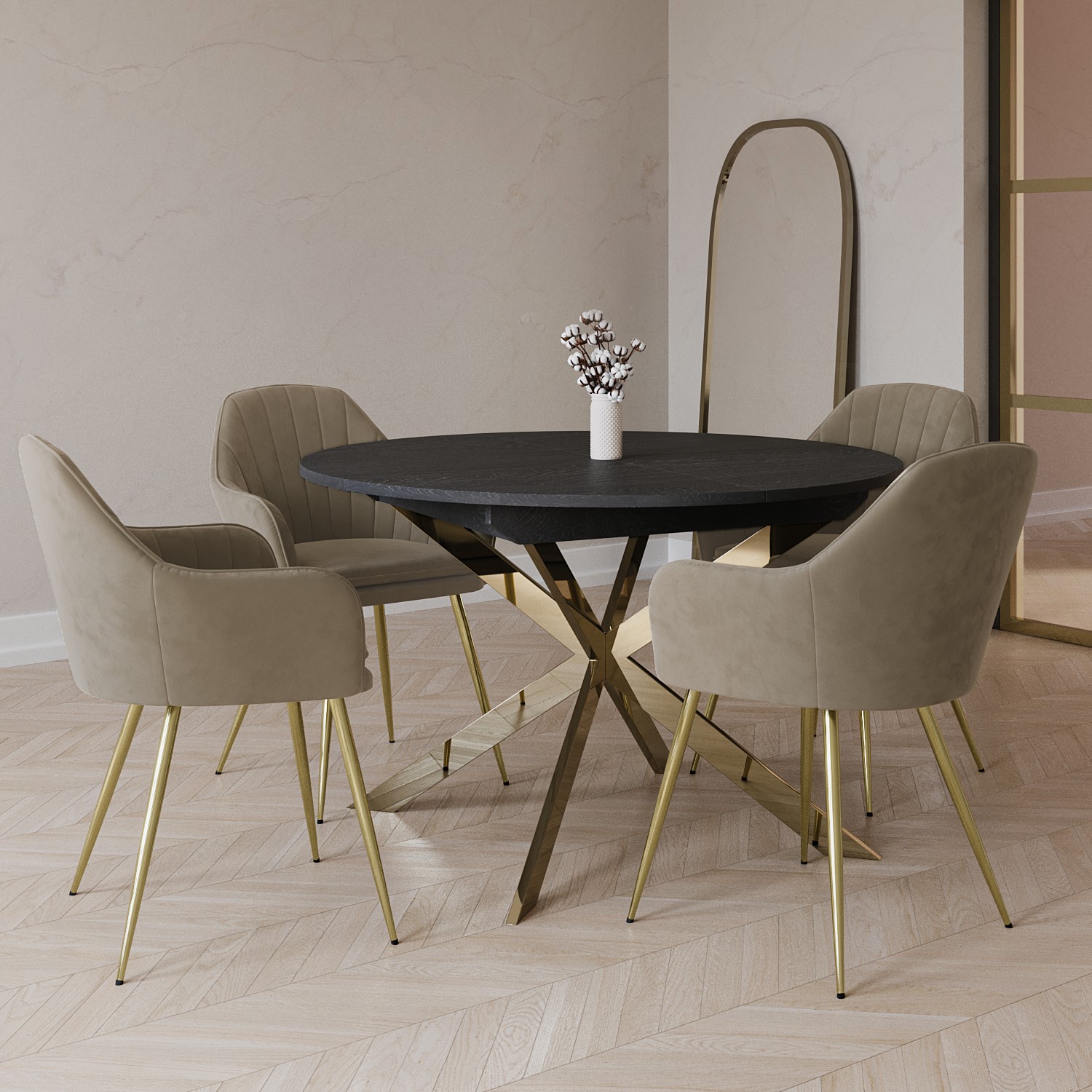 Wooden Extendable Dining Table with 4 Mink Matt Velvet Dining Chairs - Reine