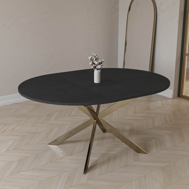 Round to Oval Black Wooden Extendable Dining Table with Gold Legs - Seats 4 - 6 - Reine