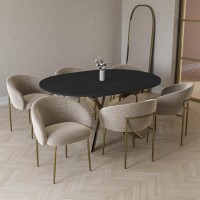 Black Round to Oval Dining Table Set with 6 Mink Dining Chairs - Seats 6 - Reine