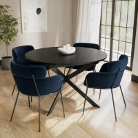 Black Wooden Extendable Dining Table Set with 4 Navy Velvet Chairs - Seats 4 - Reine