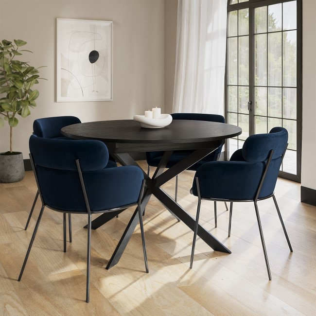 Black Wooden Extendable Dining Table Set with 4 Navy Velvet Chairs - Seats 4 - Reine