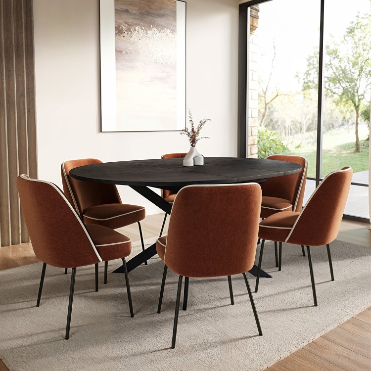 Black Wooden Extendable Dining Table Set with 6 Rust Piped Chairs - Seats 6 - Reine