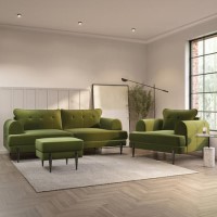 4 Seater Sofa and Armchair Set with Footstool in Green Velvet - Rosie