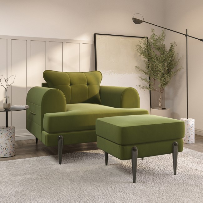 Olive Green Velvet Armchair and Footstool Set - Rosie