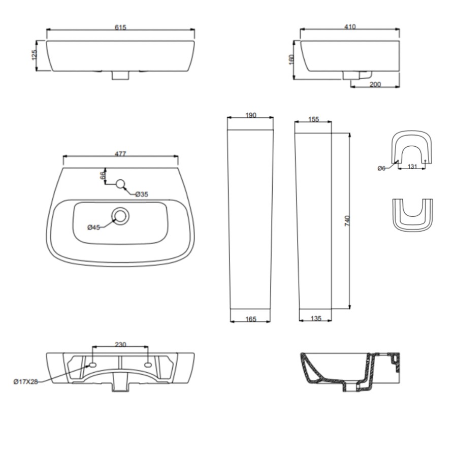 Full Pedestal 1 Tap Hole Basin 615mm - Roma