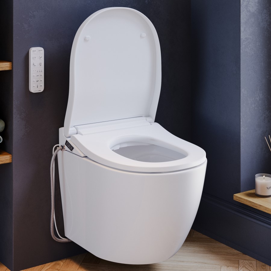 Wall Hung Smart Bidet Japanese Toilet with Heated Seat, Brushed Brass Pneumatic Flush Plate, 820mm Frame & Cistern - Purificare
