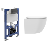 White Wall Hung Toilet with Soft Close Seat, Black Pneumatic Flush Plate, 820mm Frame & Cistern - Roma