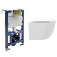 White Wall Hung Toilet with Soft Close Seat, Brushed Brass Pneumatic Flush Plate, 820mm Frame & Cistern - Roma