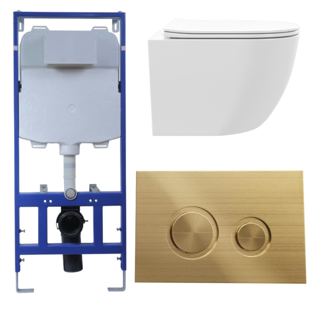 White Wall Hung Toilet with Soft Close Seat, Brushed Brass Mechanical Flush Plate with 1160mm Frame & Cistern - Roma