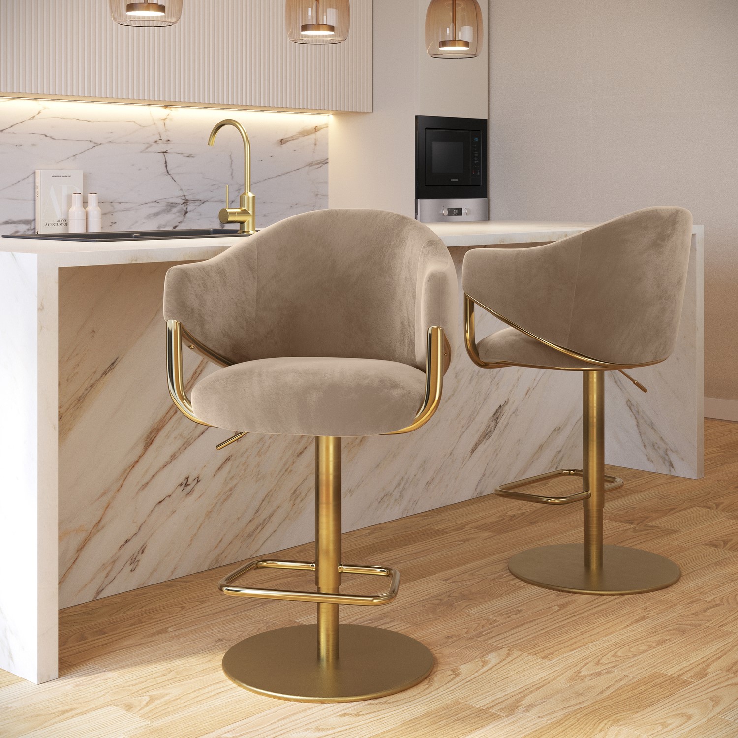 Ronnie Beige Set Of 2 Velvet Adjustable Swivel Bar Stools With Gold Base
