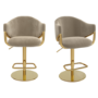 Set of 2 Beige Velvet Adjustable Swivel Bar Stools with Gold Base - Ronnie